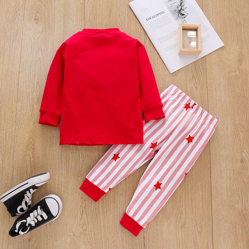 Kids Popular Christmas Print Pullover Spring Striped Pajamas Set 2 Pcs