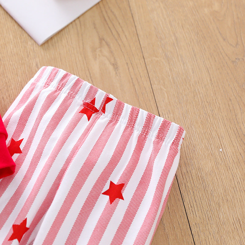 Kids Popular Christmas Print Pullover Spring Striped Pajamas Set 2 Pcs