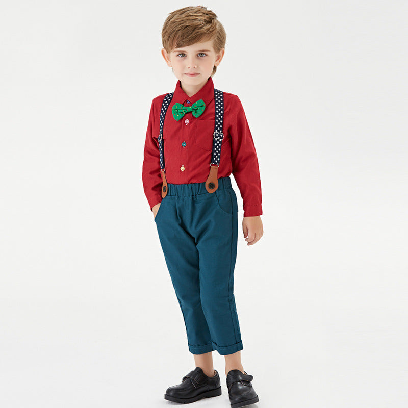 Kids Boy Christmas Multicolor Long-sleeved Bow Tie Bib Suit 3 Pcs