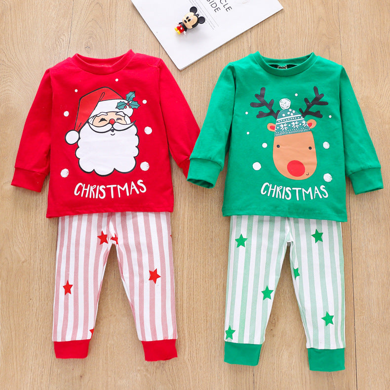 Kids Popular Christmas Print Pullover Spring Striped Pajamas Set 2 Pcs