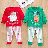 Kids Popular Christmas Print Pullover Spring Striped Pajamas Set 2 Pcs