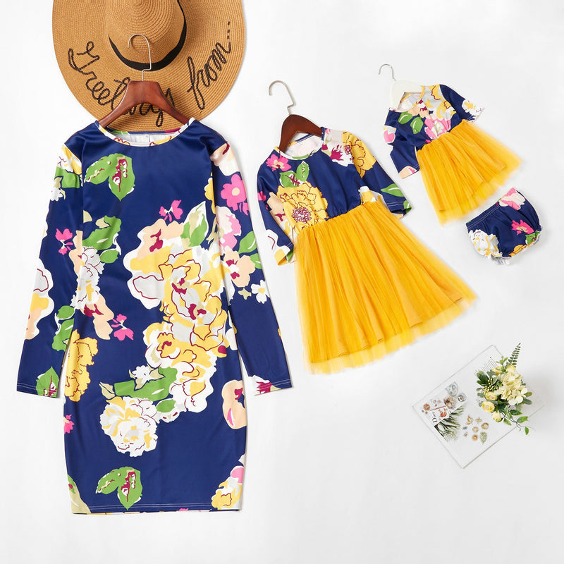 Family Matching Mother-daughter Flower Printed Mesh Stitching Dresses