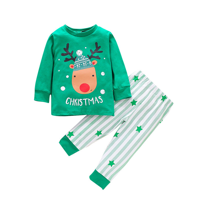 Kids Popular Christmas Print Pullover Spring Striped Pajamas Set 2 Pcs