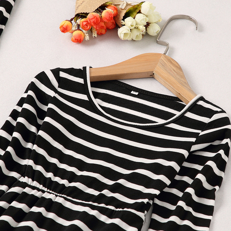 Family Matching Parent-child Mother-daughter Striped Long-sleeve Patchwork Dress
