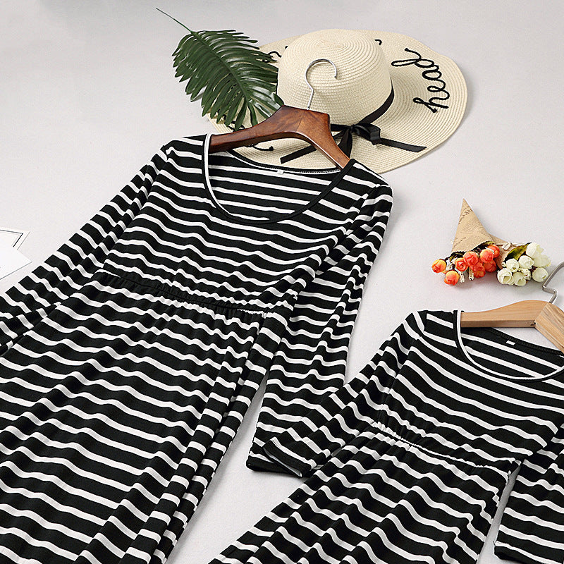 Family Matching Parent-child Mother-daughter Striped Long-sleeve Patchwork Dress
