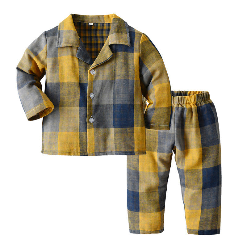 Boy Casual Multicolor Plaid Long-sleeved 2 Pcs Pajamas