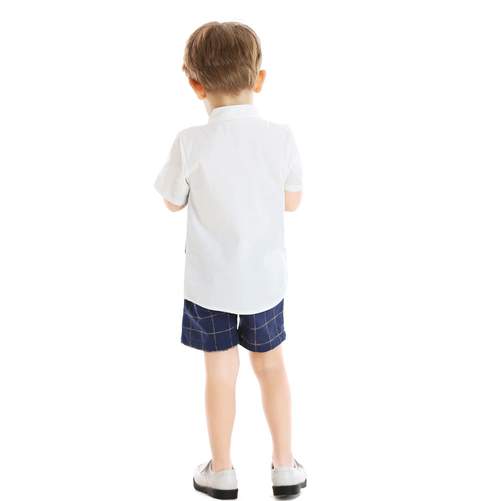 Kid Baby Boy Suit Short Sleeve British Plaid 2 Pcs Sets