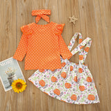 Kid Baby Girl Polka Dot Pumpkin Suspenders Halloween Thanksgiving 2 Pcs Sets