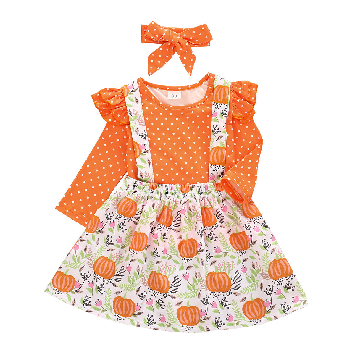 Kid Baby Girl Polka Dot Pumpkin Suspenders Halloween Thanksgiving 2 Pcs Sets