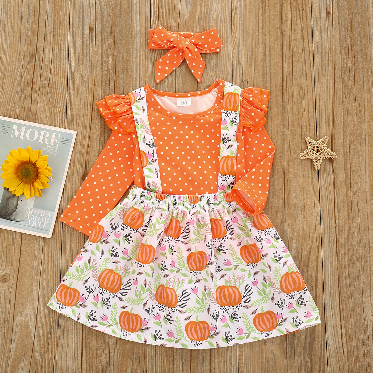Kid Baby Girl Polka Dot Pumpkin Suspenders Halloween Thanksgiving 2 Pcs Sets