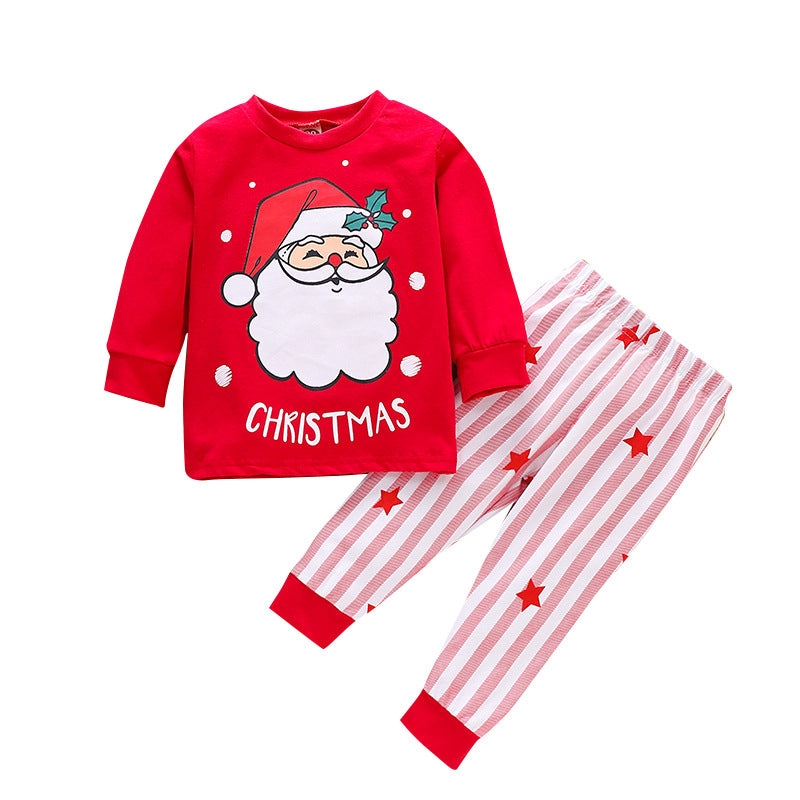 Kids Popular Christmas Print Pullover Spring Striped Pajamas Set 2 Pcs