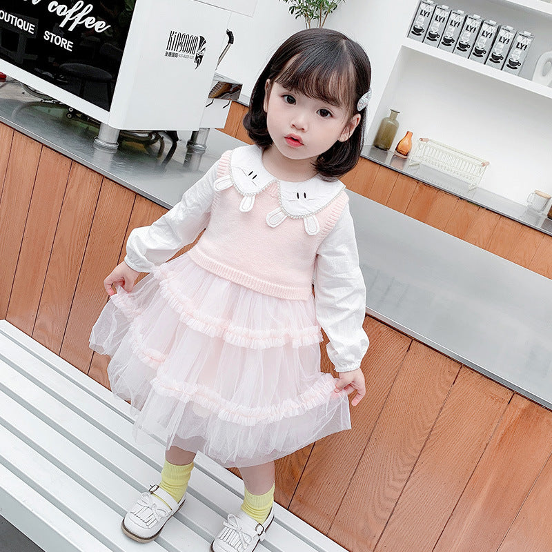Girl Autumn Casual Cute Gauze Dress 2 Pcs Set