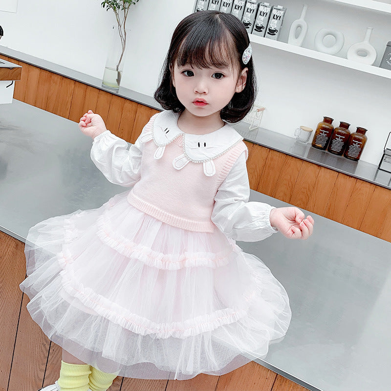 Girl Autumn Casual Cute Gauze Dress 2 Pcs Set