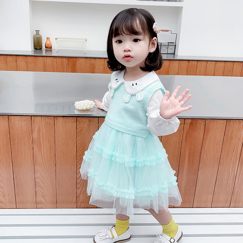 Girl Autumn Casual Cute Gauze Dress 2 Pcs Set