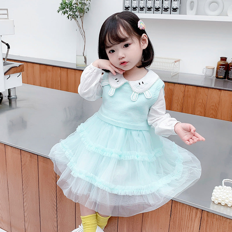 Girl Autumn Casual Cute Gauze Dress 2 Pcs Set