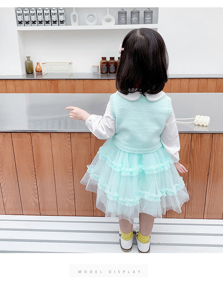 Girl Autumn Casual Cute Gauze Dress 2 Pcs Set