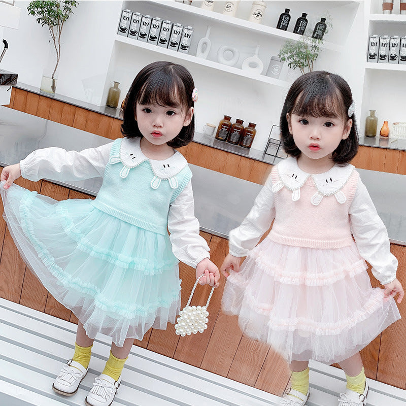 Girl Autumn Casual Cute Gauze Dress 2 Pcs Set