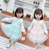 Girl Autumn Casual Cute Gauze Dress 2 Pcs Set