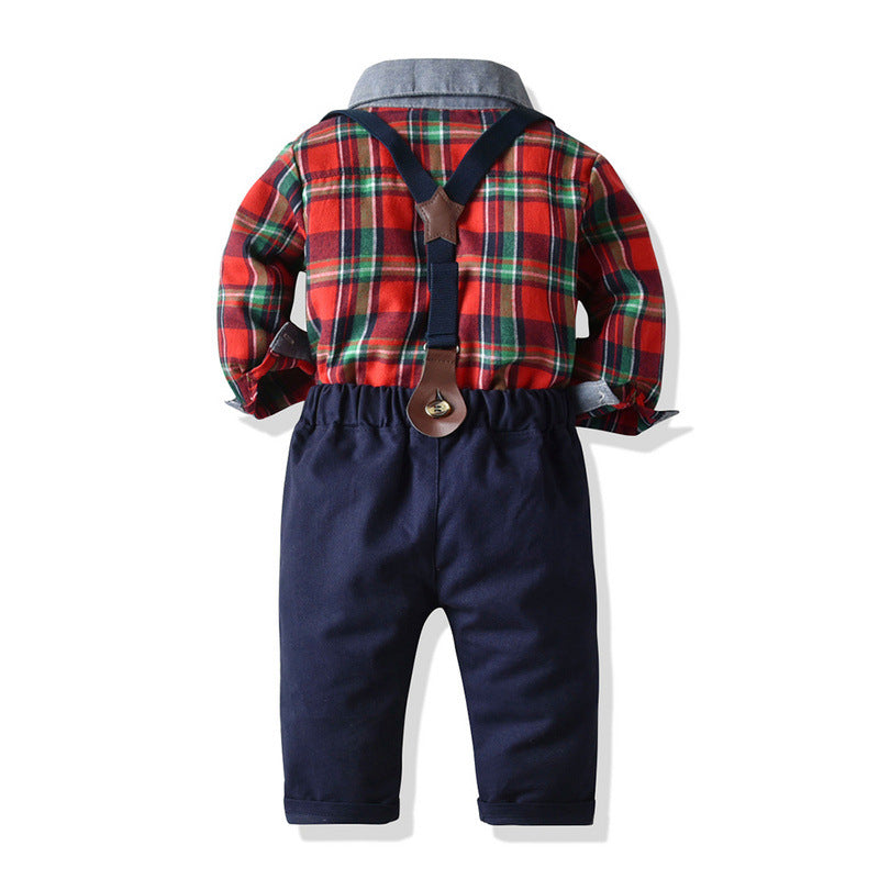 Long-sleeved Plaid Baby Boy Christmas Set 2 Pcs Suits
