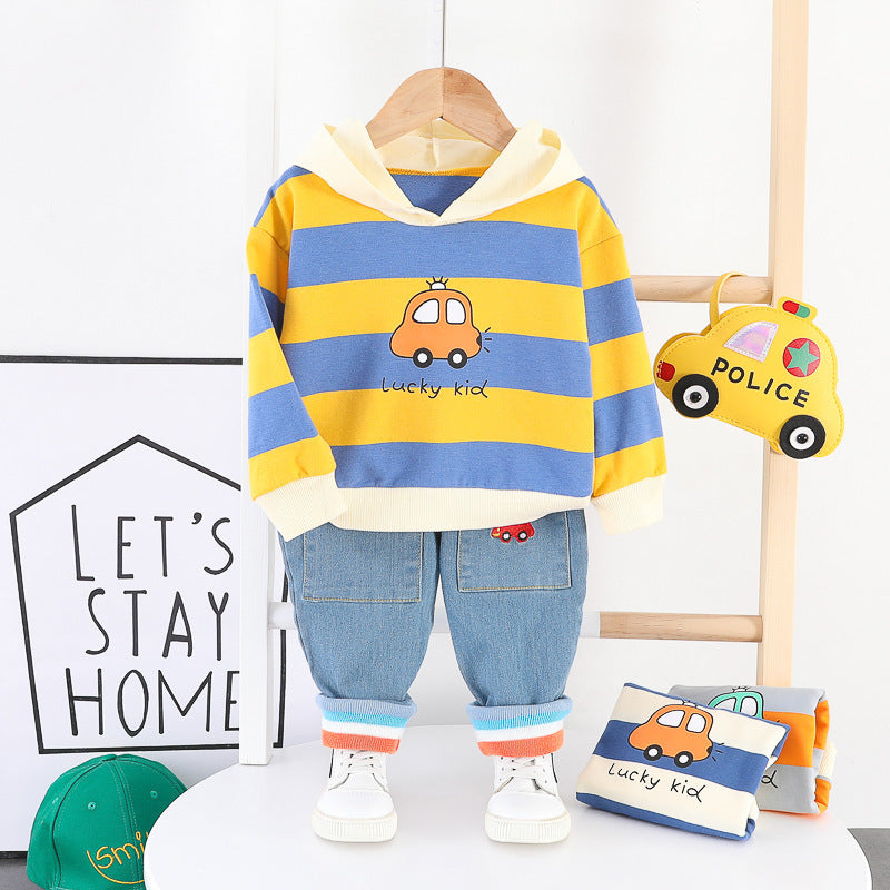 Kid Boy Cartoon Wide Strip Car Casual Suits 2 Pcs