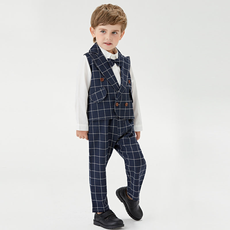 Kid Boy Suit Plaid 4 Pcs Formal Party Sets