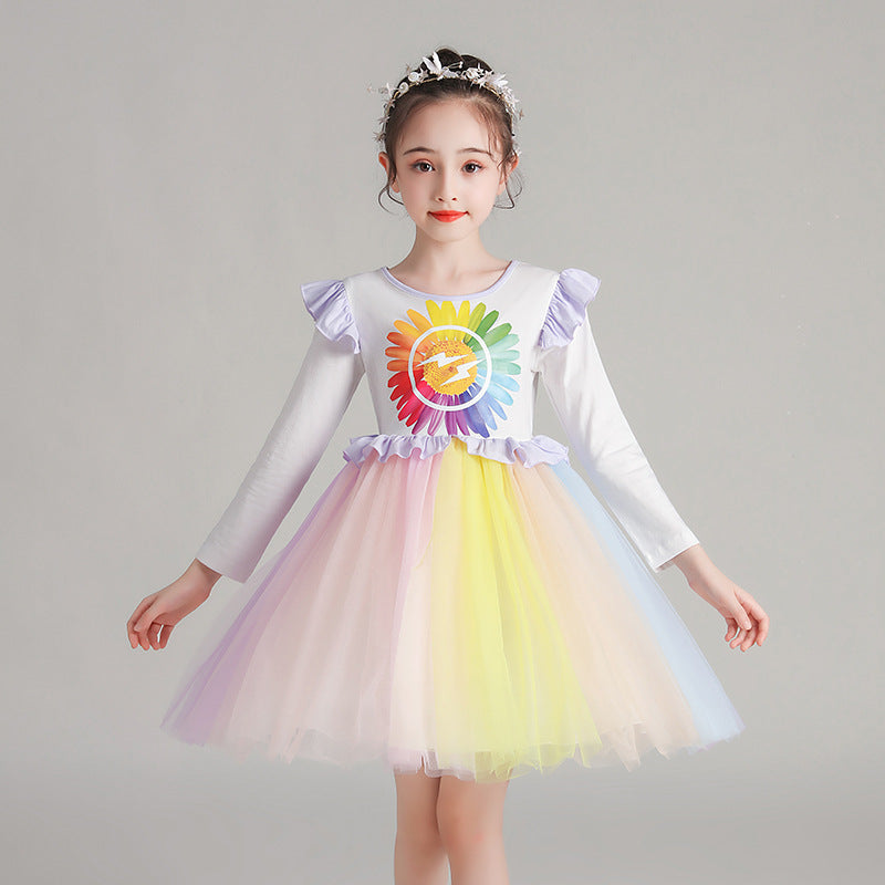 Girl Autumn Super Rainbow Long Sleeve Flower Dress 3-10 Years