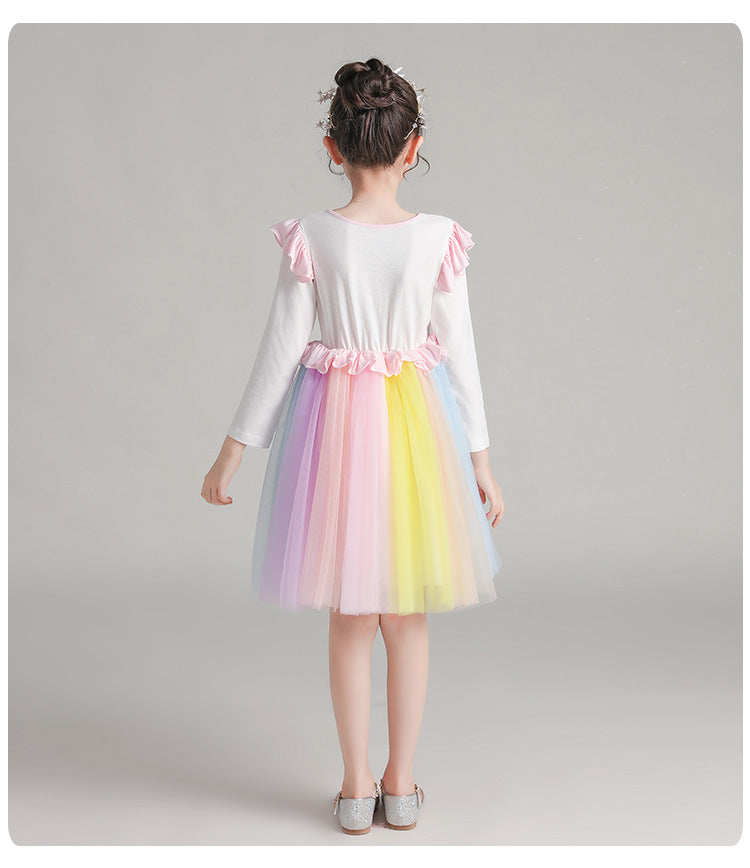 Girl Autumn Super Rainbow Long Sleeve Flower Dress 3-10 Years