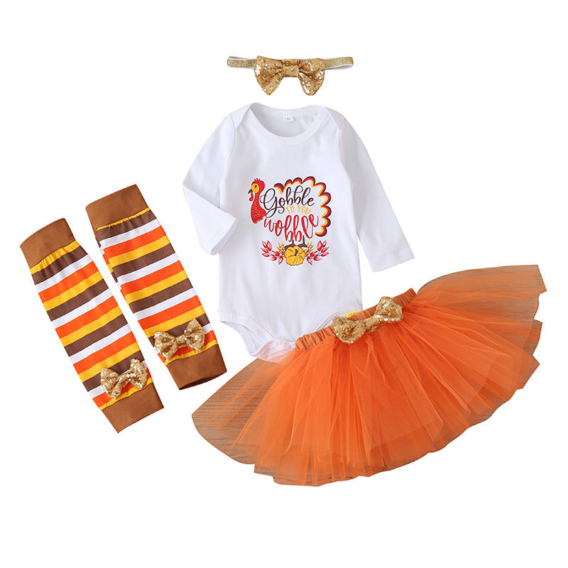 Baby Girl Fashion Halloween Dress+Tops+Headbands+Stocking 4 Pcs Set 0-24 Months