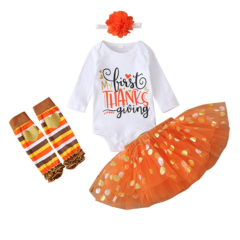 Baby Girl Fashion Halloween Dress+Tops+Headbands+Stocking 4 Pcs Set 0-24 Months