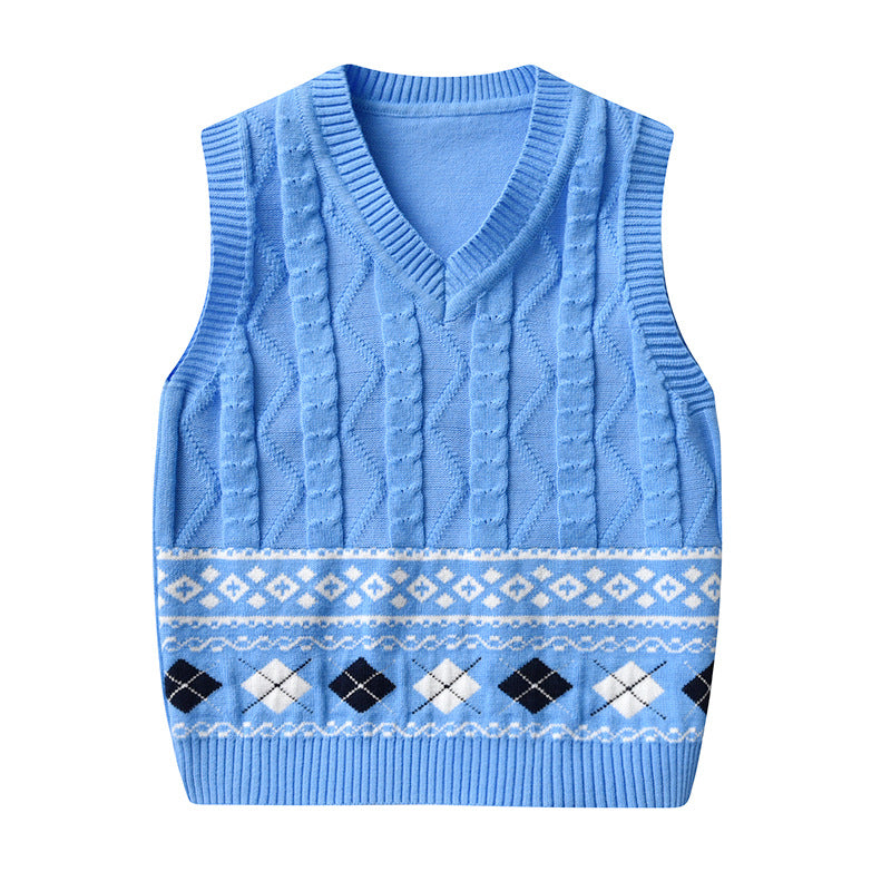 Kid Baby Boy Round Neck Jacquard Knit Waistcoat Pure Cotton Sweater Vest