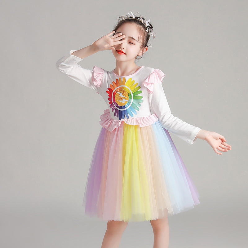 Girl Autumn Super Rainbow Long Sleeve Flower Dress 3-10 Years