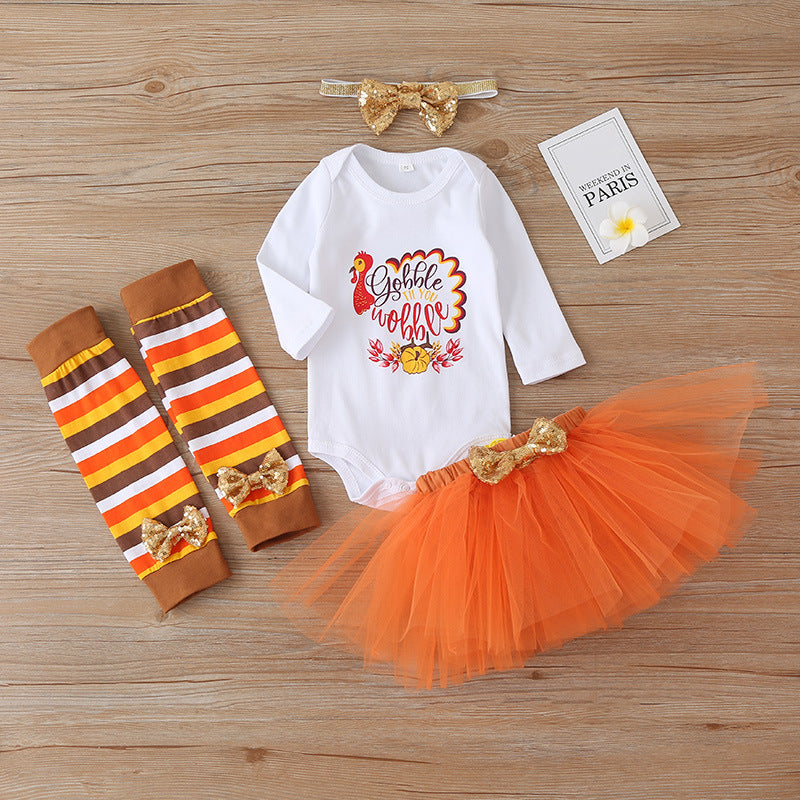 Baby Girl Fashion Halloween Dress+Tops+Headbands+Stocking 4 Pcs Set 0-24 Months