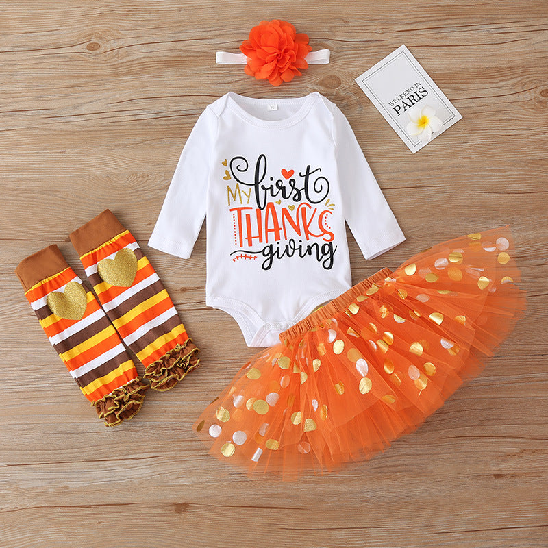 Baby Girl Fashion Halloween Dress+Tops+Headbands+Stocking 4 Pcs Set 0-24 Months