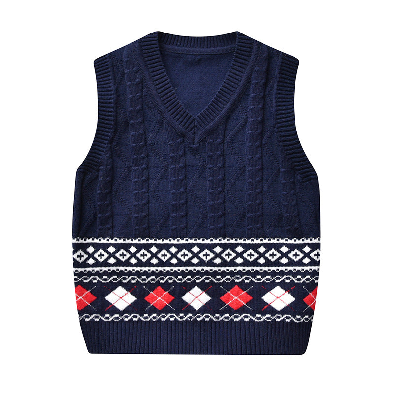Kid Baby Boy Round Neck Jacquard Knit Waistcoat Pure Cotton Sweater Vest
