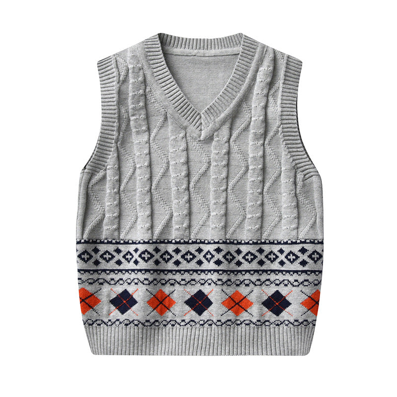 Kid Baby Boy Round Neck Jacquard Knit Waistcoat Pure Cotton Sweater Vest