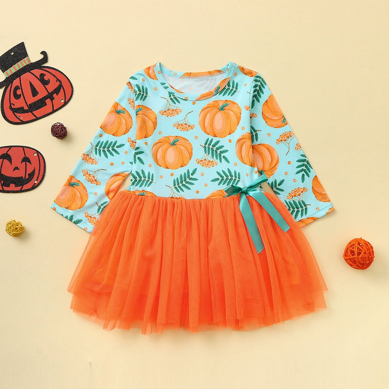 Toddler Girls Halloween Pumpkin Printed Mesh Tutu Dress