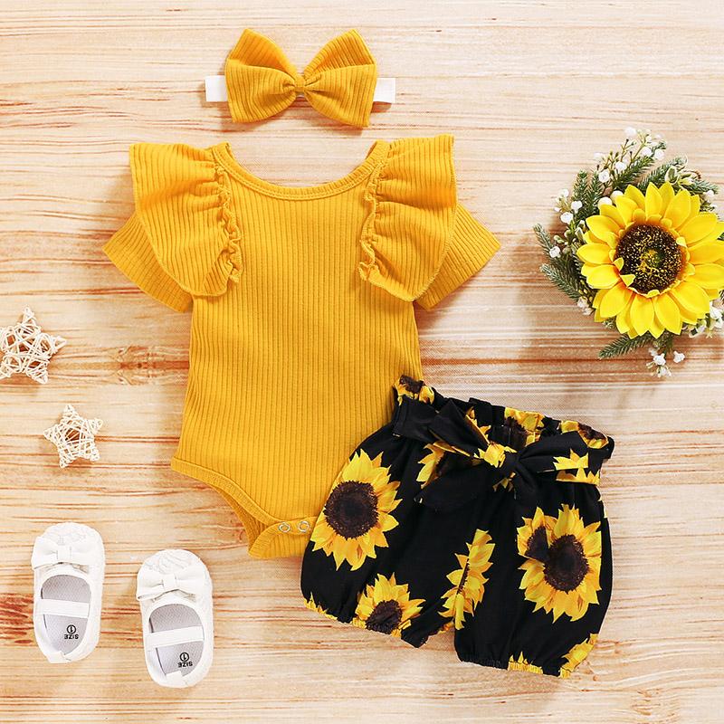 Baby Girls Ruffle Ribbed Sunflower Shorts 3 Pcs Set