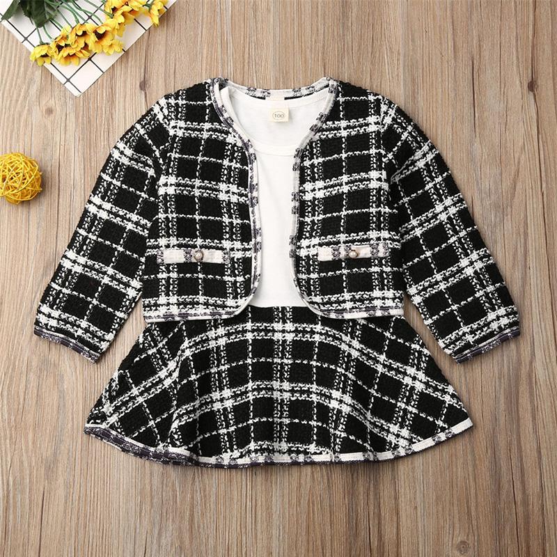 Toddler Baby Girl Long Sleeve Plaid Stitching Dress Set 2 Pcs