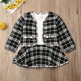 Toddler Baby Girl Long Sleeve Plaid Stitching Dress Set 2 Pcs