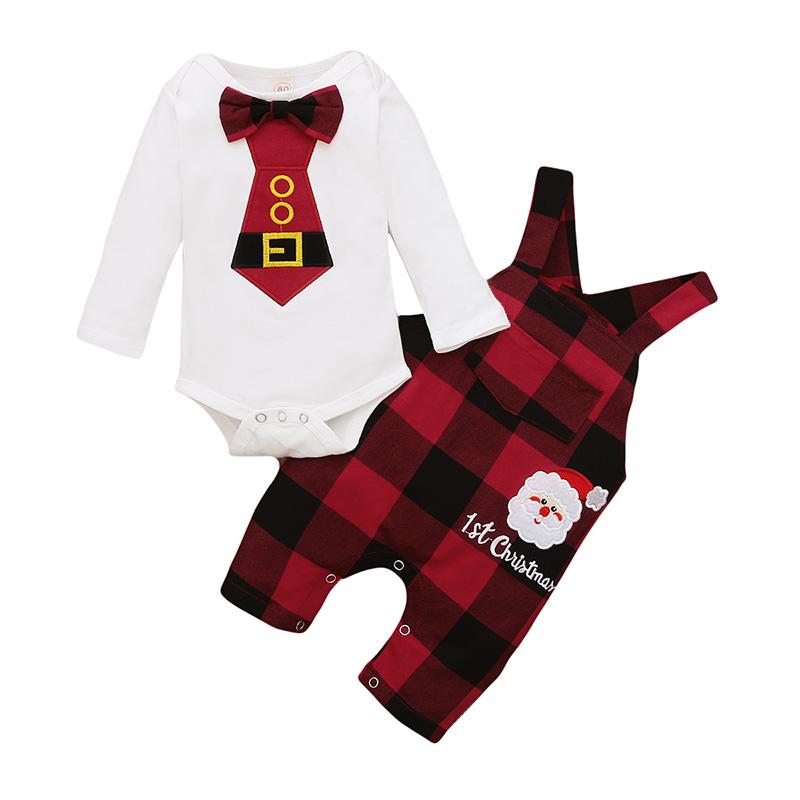 Baby Boy Girl White Long Sleeve Bow Tie Plaid 2 Pcs Set