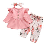 Baby Girl Solid Knitting Ruffle Long Sleeve Floral 3 Pcs Set