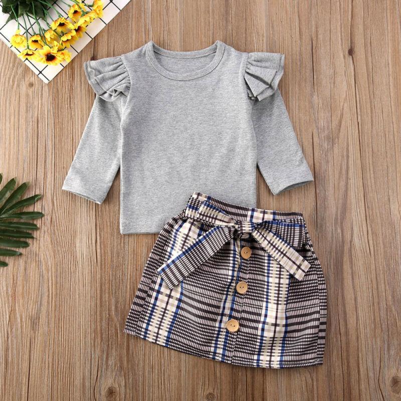 Toddler Baby Girls Long Sleeve Ruffle Plaid Set 2 Pcs Suits