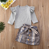 Toddler Baby Girls Long Sleeve Ruffle Plaid Set 2 Pcs Suits