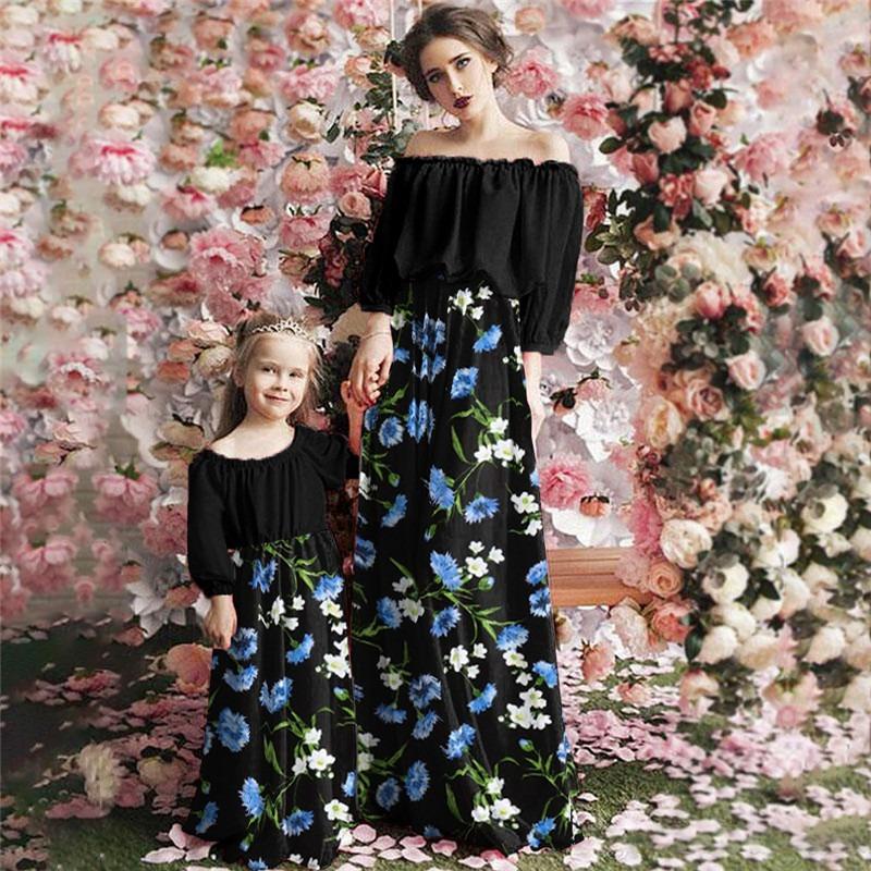 Family Matching Mommy and Me Off Shoulder Long-Sleeved Stitching Floral Dress