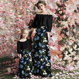 Family Matching Mommy and Me Off Shoulder Long-Sleeved Stitching Floral Dress