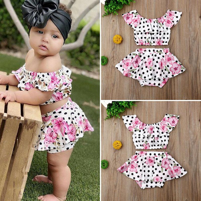 Baby Girl Flower Print Polka Dot Off Shoulder Tops Shorts 2pcs Sets