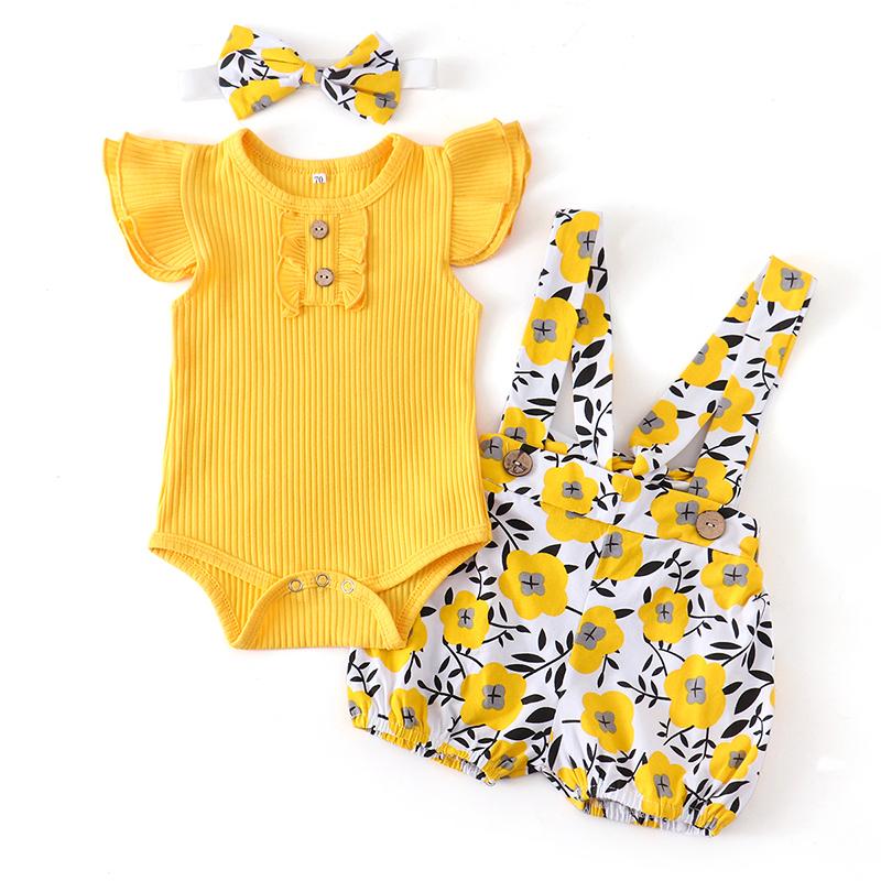 Baby Girl Flying Sleeve Ribbed Floral 3 Pcs Set