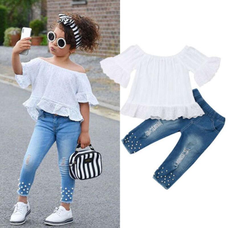 Toddler Baby Girl Fashion Off Shoulder Lace Pearl 2 Pcs Sets