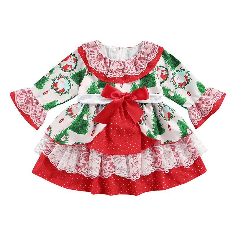 Toddler Baby Girl Santa Claus Flower Print Long Sleeve Lace Dress