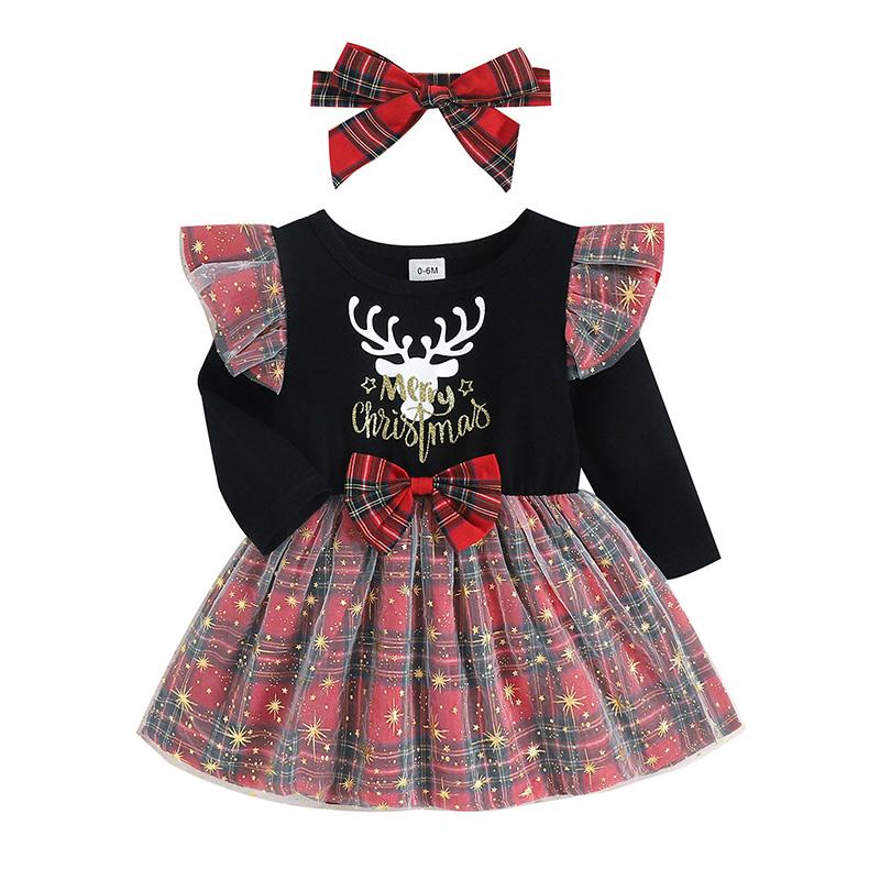 Baby Girl Reindeer Print Plaid Stitching Stars Tulle Dress